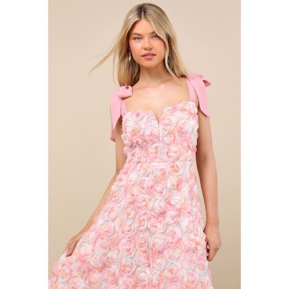 NWT Lulus Tarina Pink Multi 3d Rosette Tie-strap Midi Dress